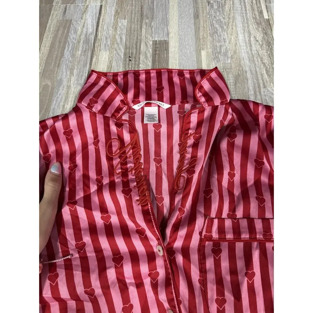 VS Pajama Set Womens XS Pink Heart Stripe Satin Shorts